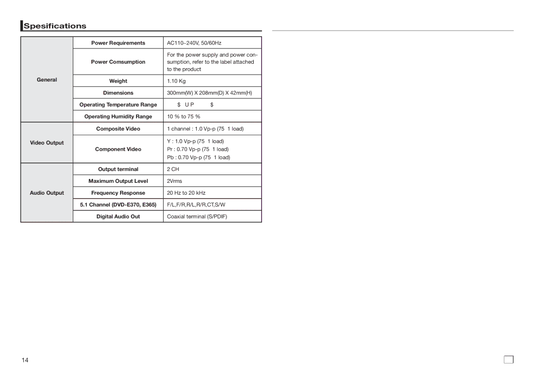 Philips DVD-E370, DVD-E365, DVD-E360K, DVD-E350 user manual Memo, Spesifications 