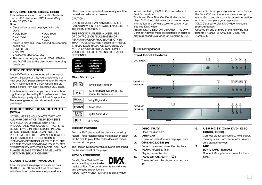 Philips DVD-E350, DVD-E365, DVD-E360K, DVD-E370 user manual Description 