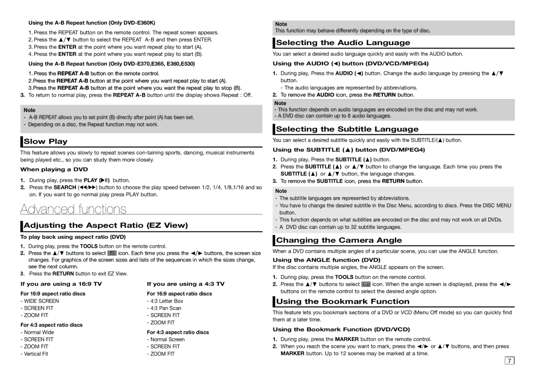 Philips DVD-E360K, DVD-E365, DVD-E350, DVD-E370 user manual Advanced functions 