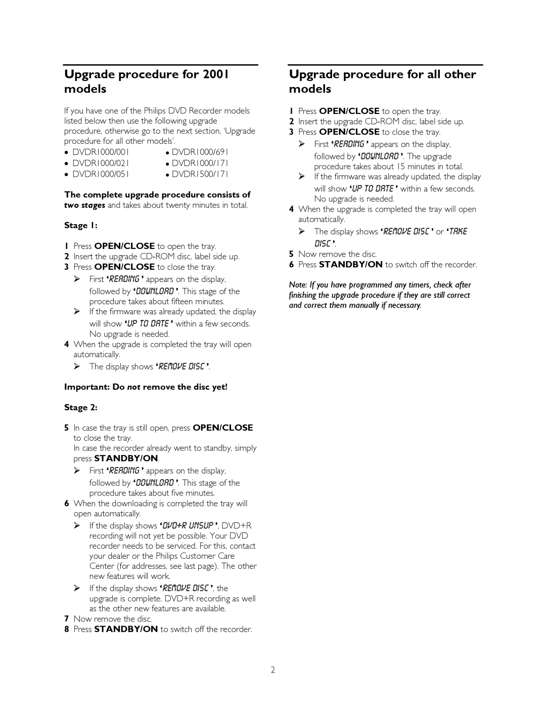 Philips DVD Recorder user manual Upgrade procedure for 2001 models, Upgrade procedure for all other models 