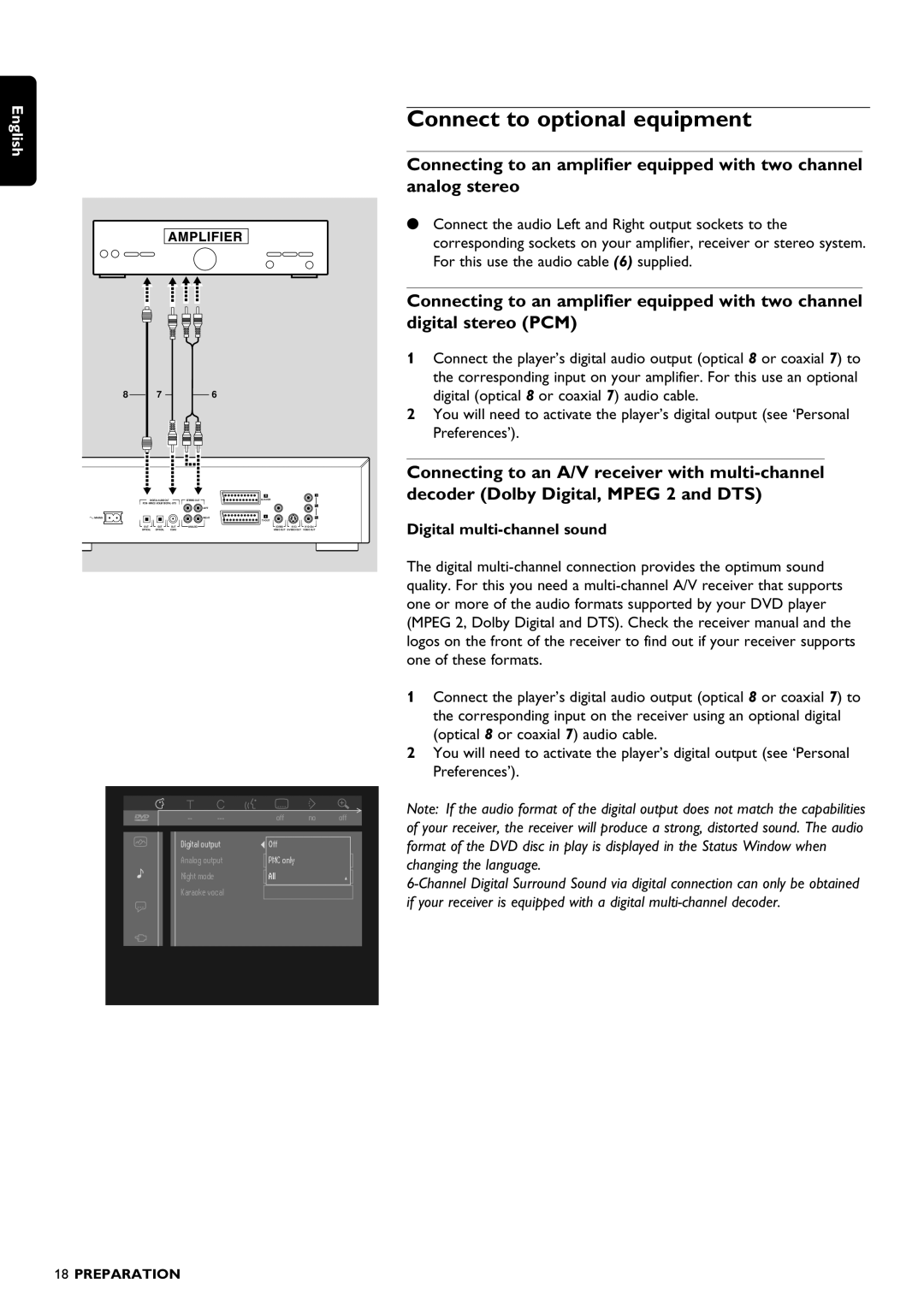 Philips DVD1010 manual Connect to optional equipment, Digital multi-channel sound 