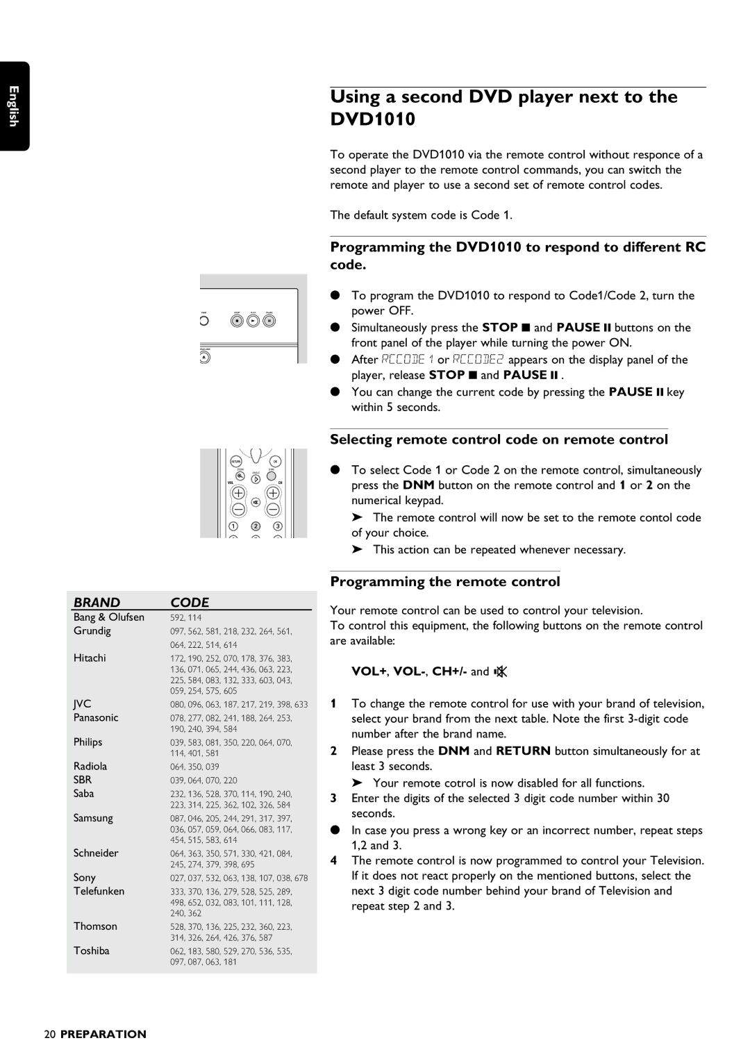 Philips manual Using a second DVD player next to the DVD1010, Programming the DVD1010 to respond to different RC code 