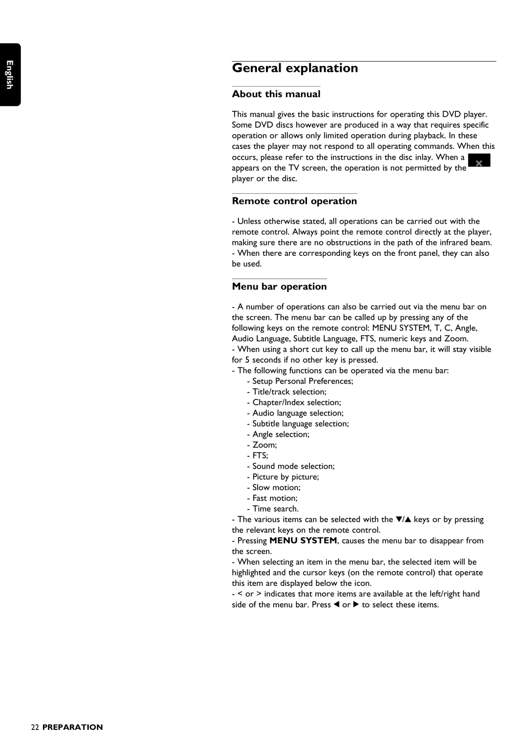 Philips DVD1010 General explanation, About this manual, Remote control operation, Menu bar operation 