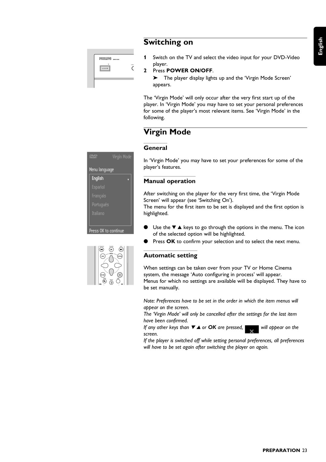 Philips DVD1010 manual Switching on, Virgin Mode, General, Manual operation, Automatic setting 