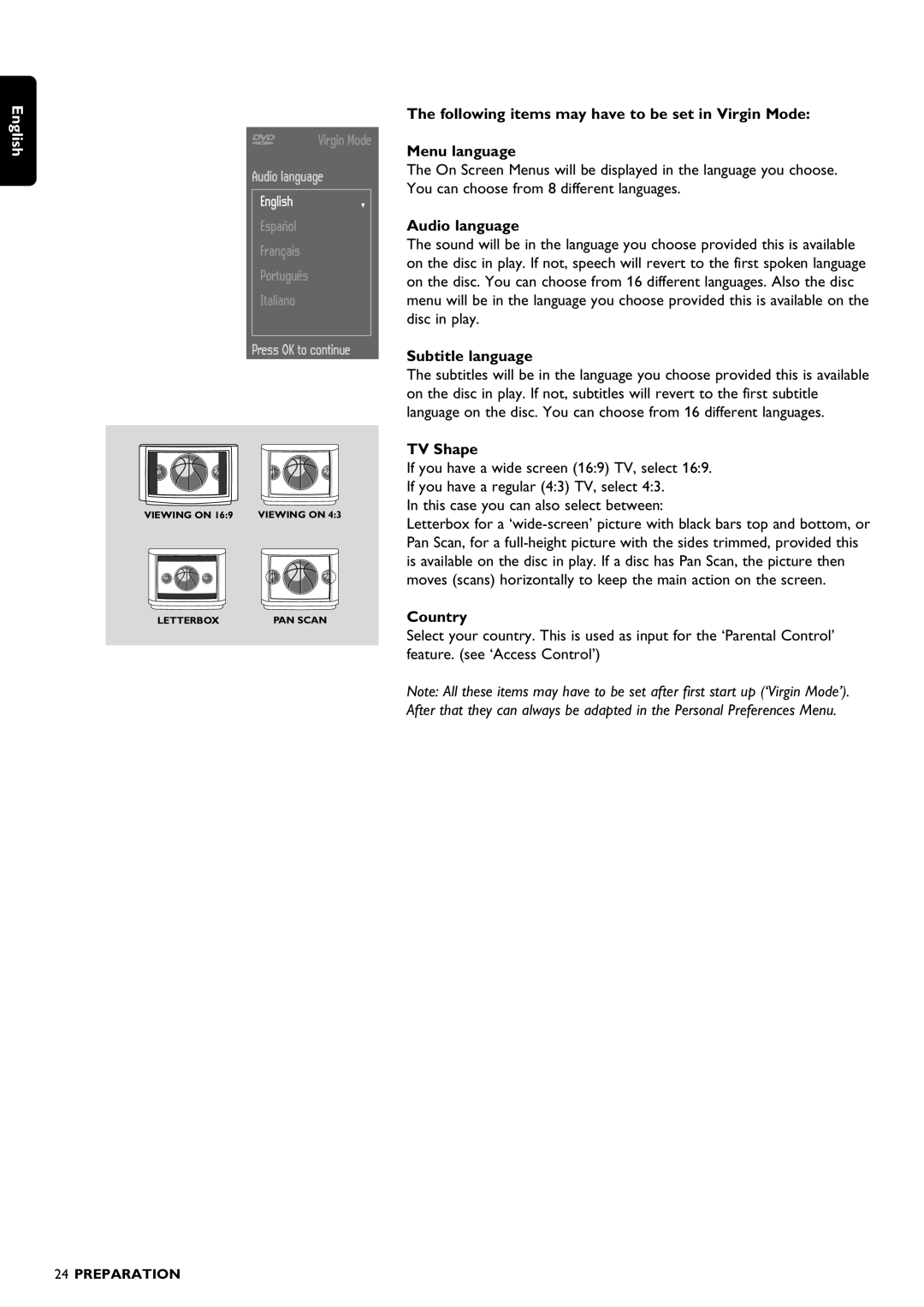 Philips DVD1010 manual Audio language, Subtitle language, TV Shape, Country 