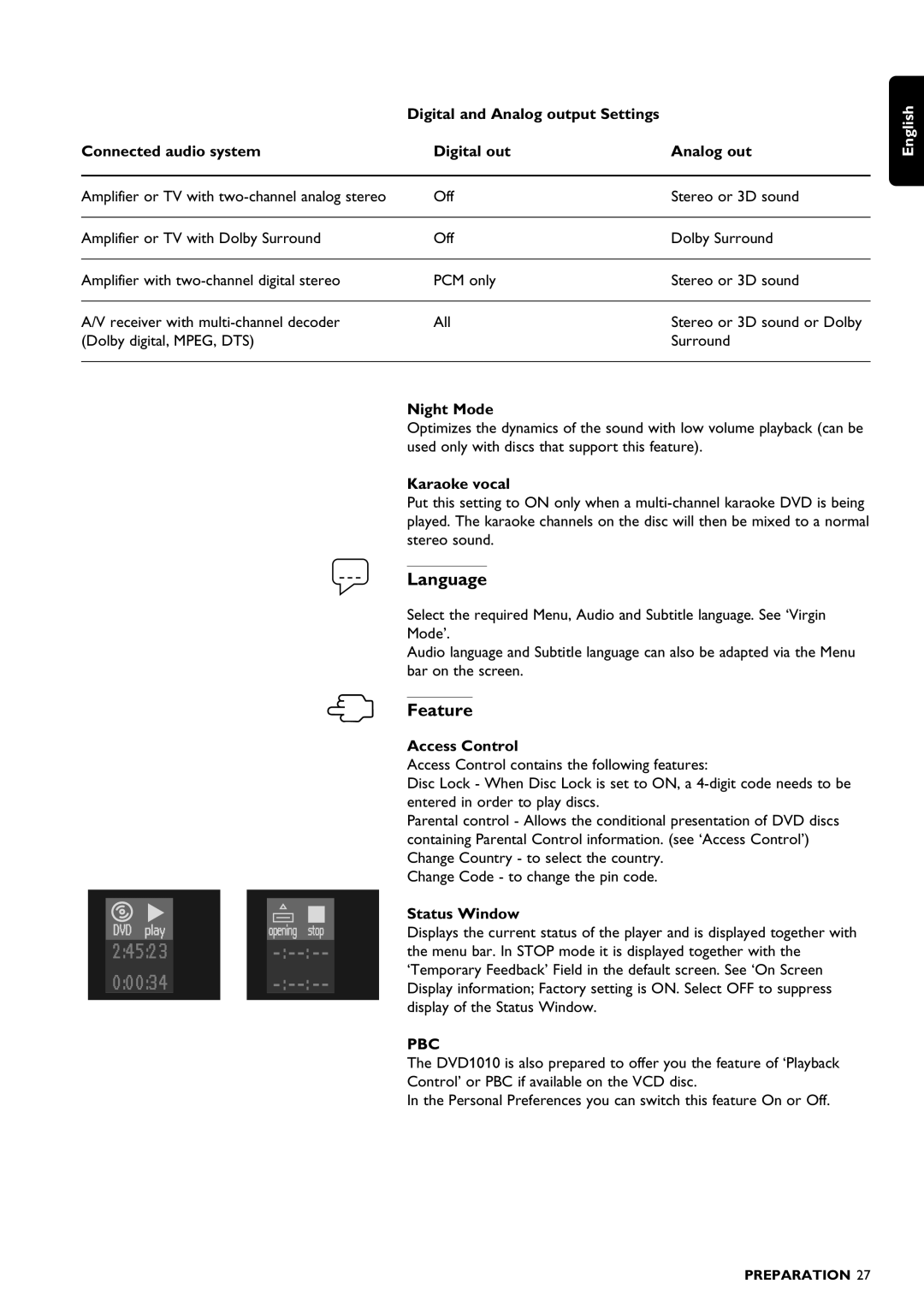 Philips DVD1010 manual Language, Feature 