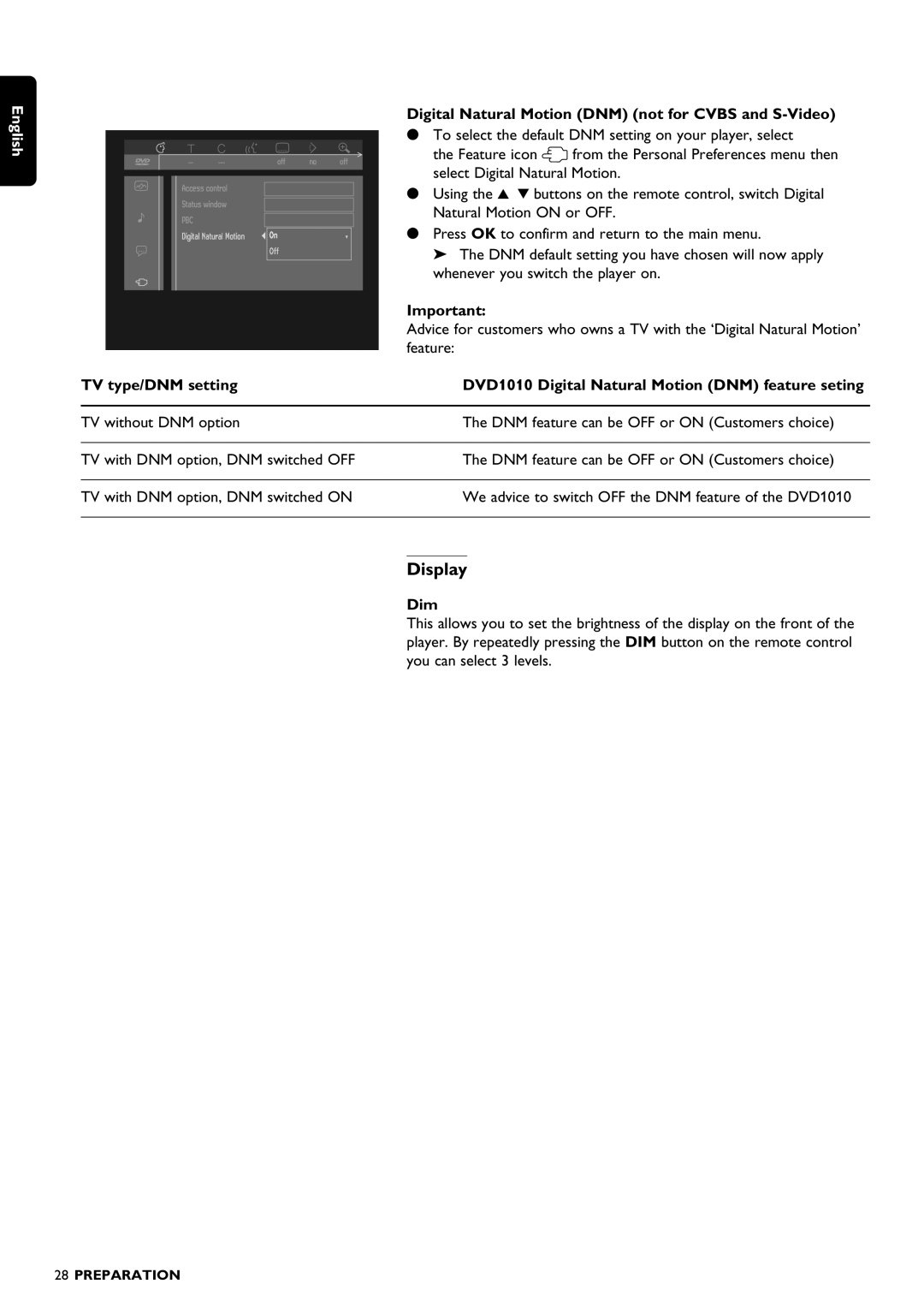 Philips DVD1010 manual Display, Digital Natural Motion DNM not for Cvbs and S-Video, Dim 