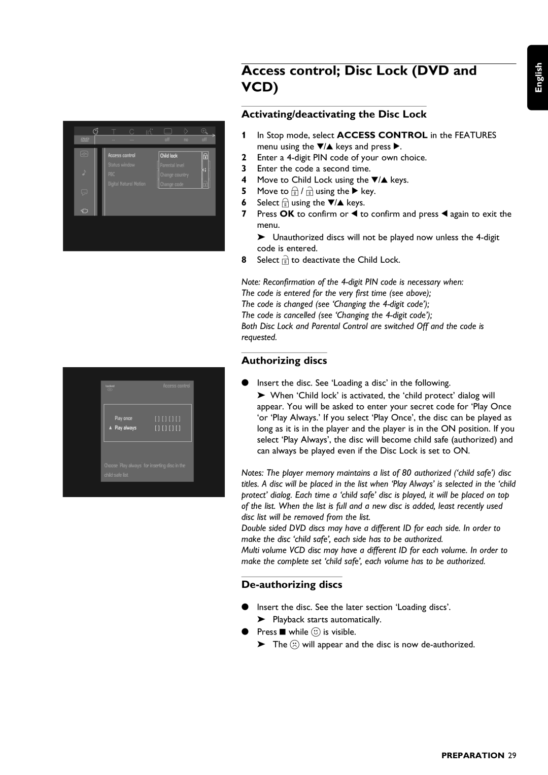 Philips DVD1010 manual Access control Disc Lock DVD and VCD, Activating/deactivating the Disc Lock, Authorizing discs 