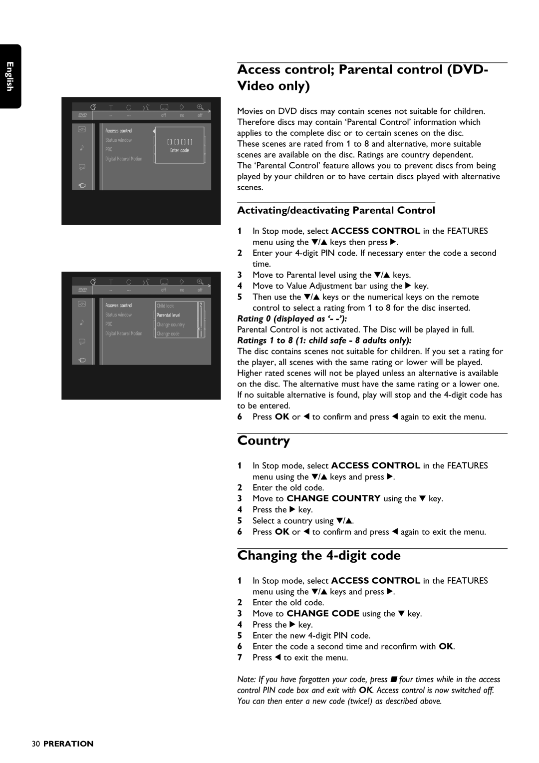 Philips DVD1010 manual Access control Parental control DVD- Video only, Country, Changing the 4-digit code 