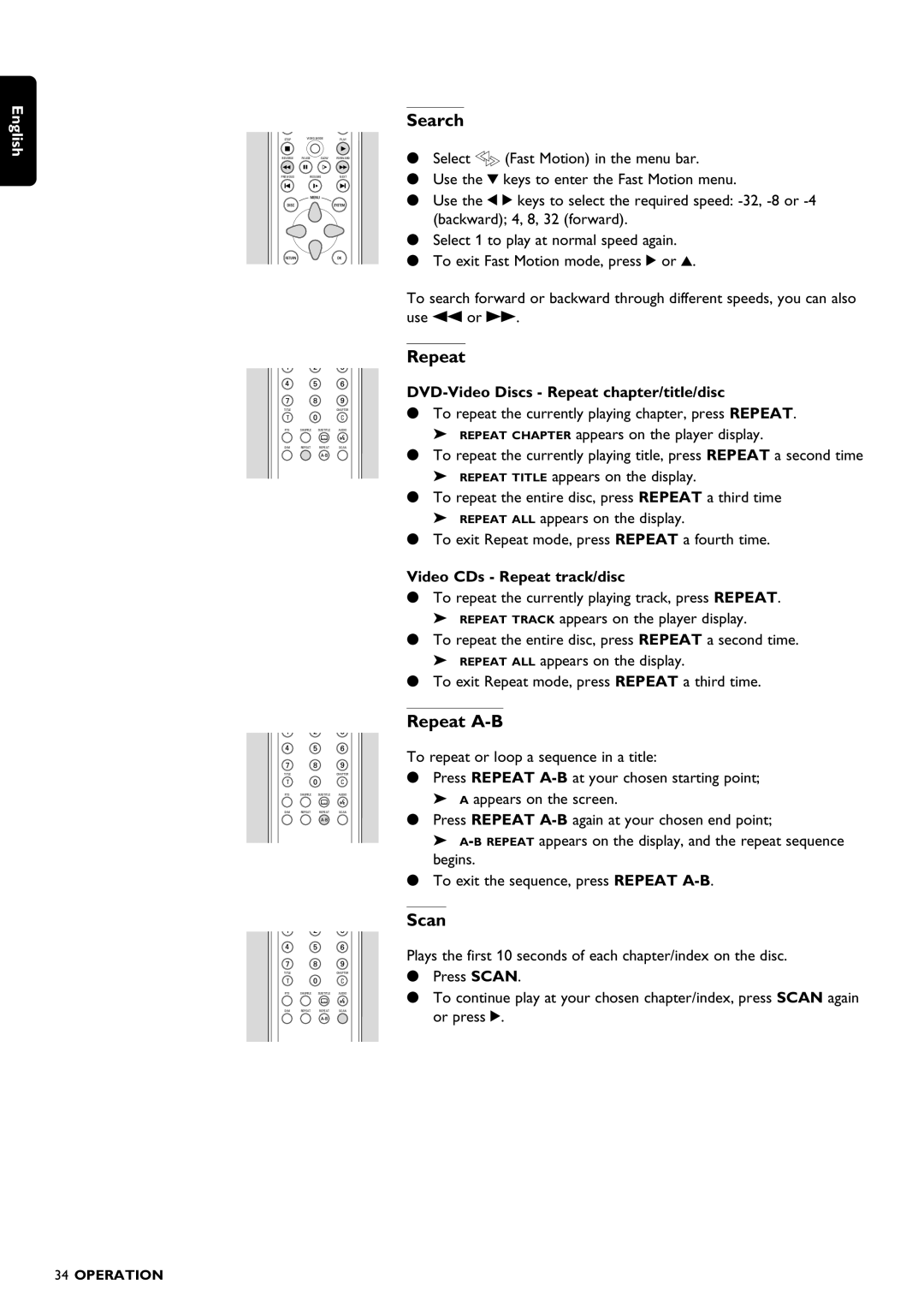 Philips DVD1010 manual Search, Repeat A-B, Scan 