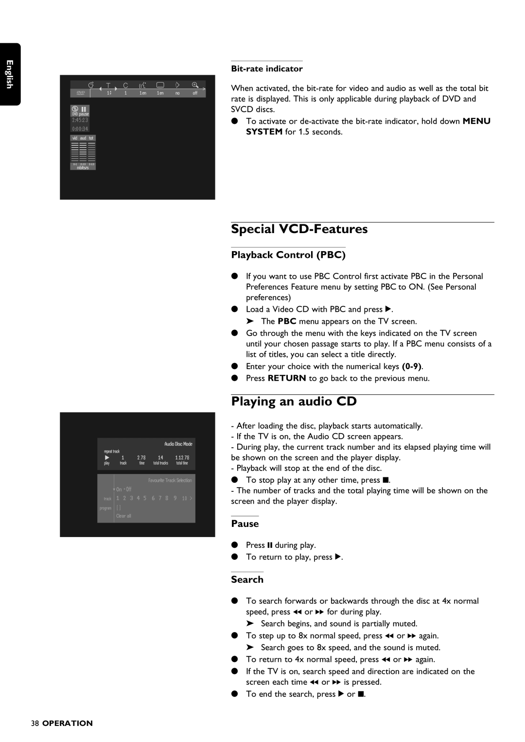 Philips DVD1010 manual Special VCD-Features, Playing an audio CD, Playback Control PBC, Pause, Bit-rate indicator 