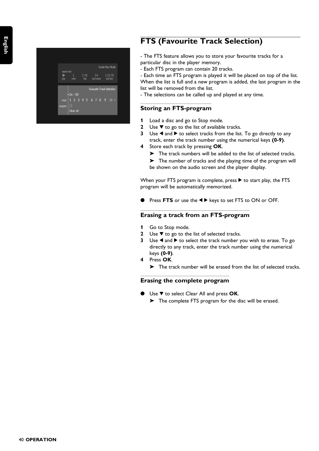 Philips DVD1010 manual FTS Favourite Track Selection, Storing an FTS-program, Erasing a track from an FTS-program 