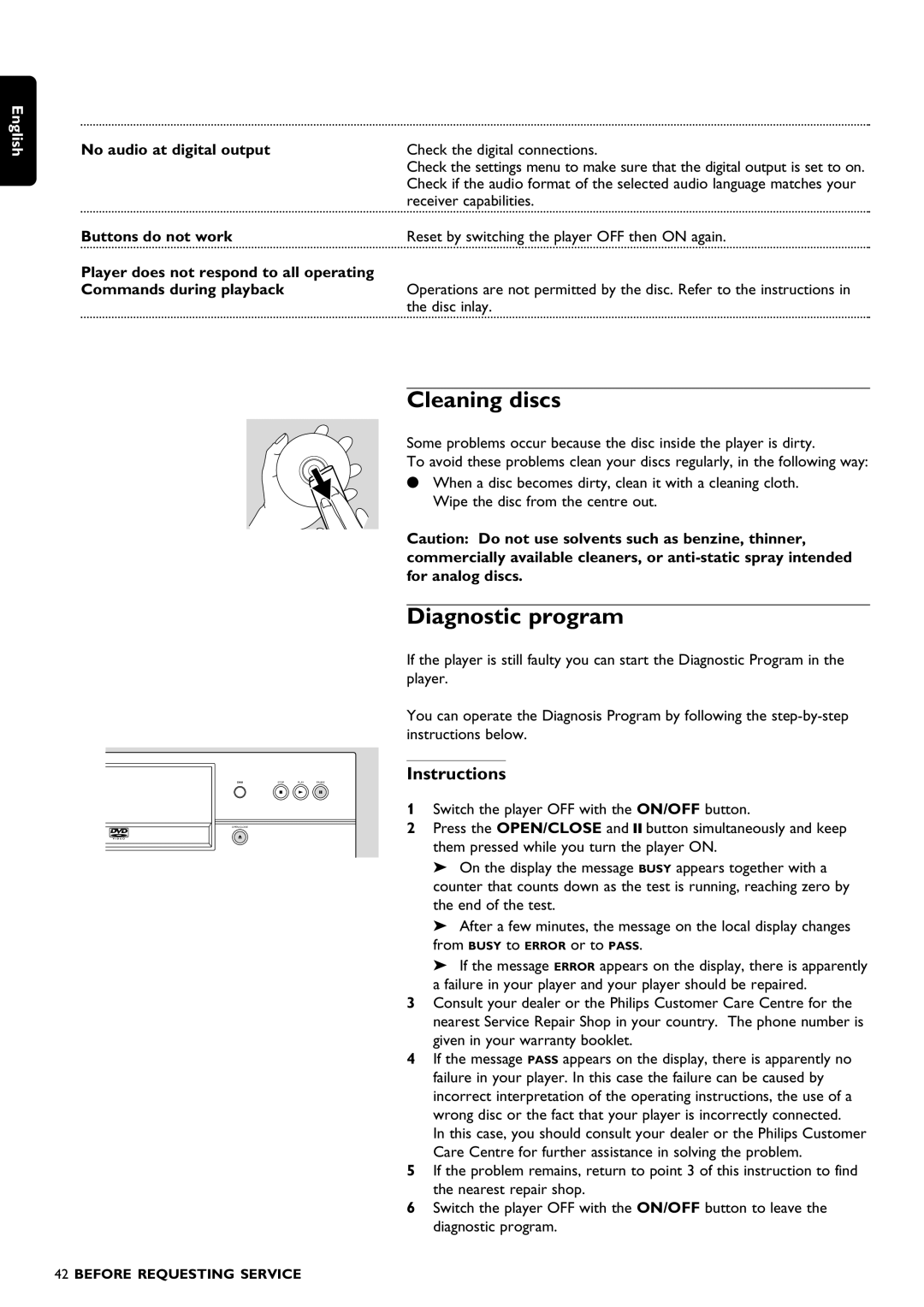 Philips DVD1010 manual Cleaning discs, Diagnostic program, Instructions 