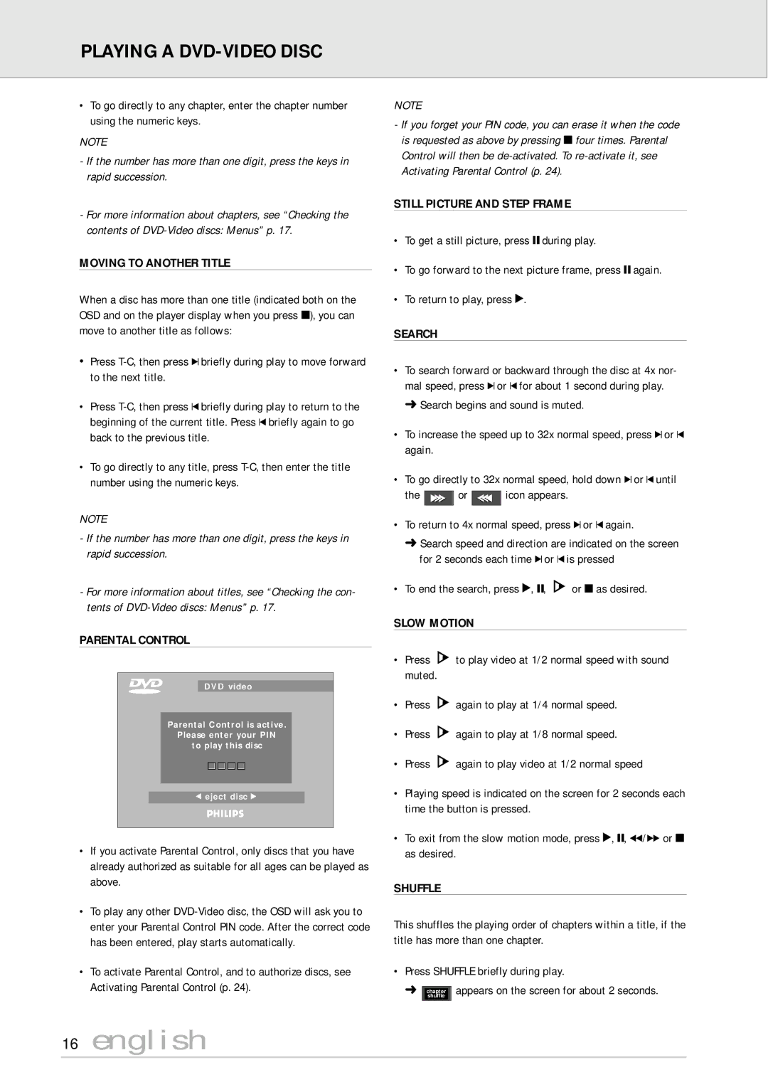 Philips DVD170AT Moving to Another Title, Parental Control, Still Picture and Step Frame, Search, Slow Motion, Shuffle 