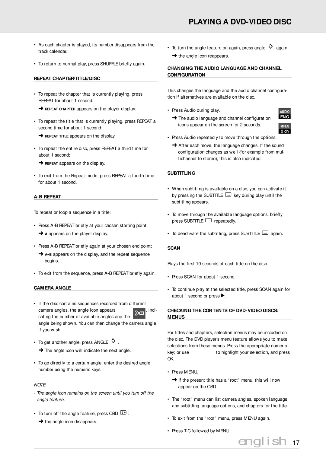 Philips DVD170AT Repeat CHAPTER/TITLE/DISC, Camera Angle, Changing the Audio Language and Channel Configuration, Scan 