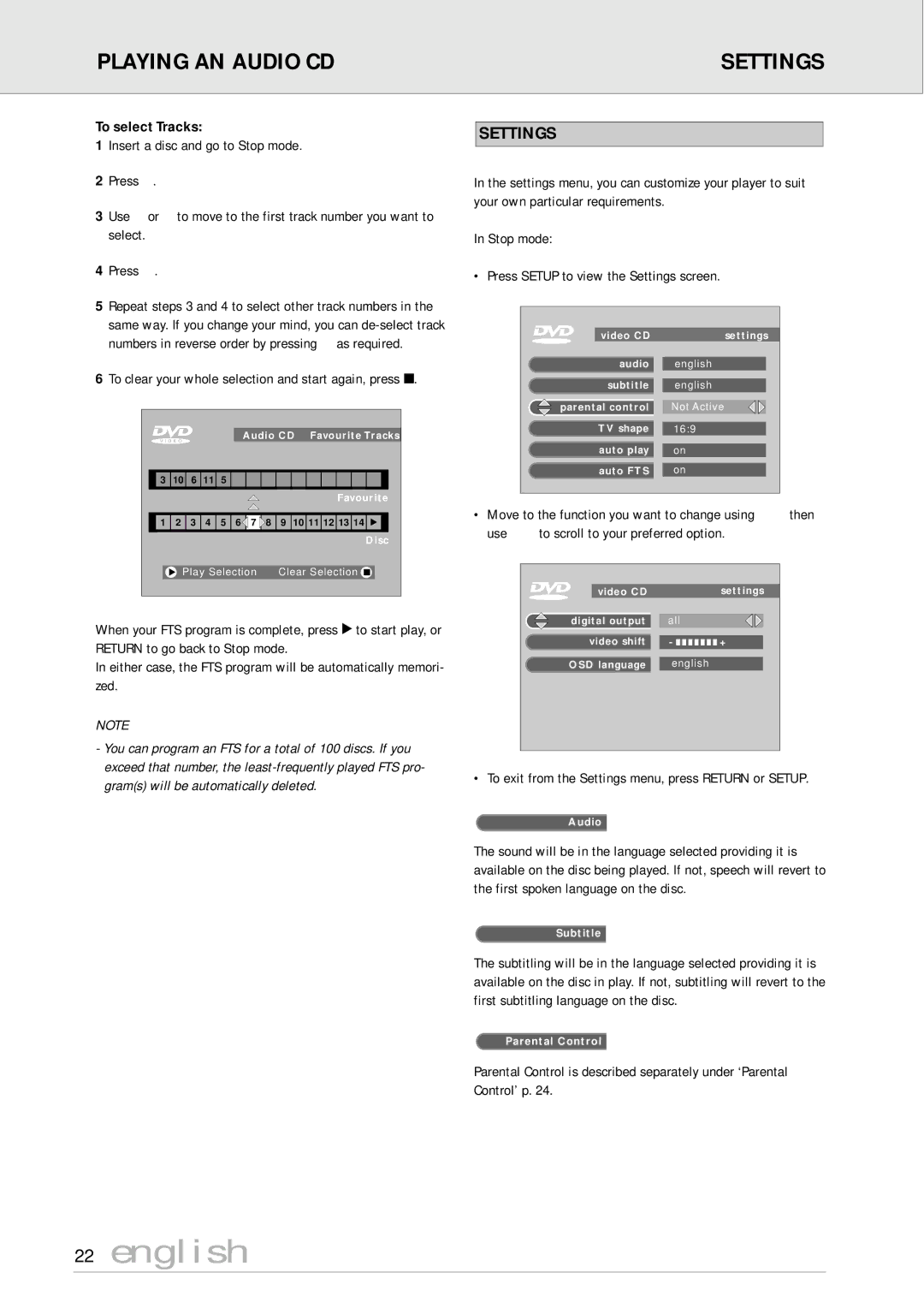 Philips DVD170AT manual Playing AN Audio CD Settings, To exit from the Settings menu, press Return or Setup 