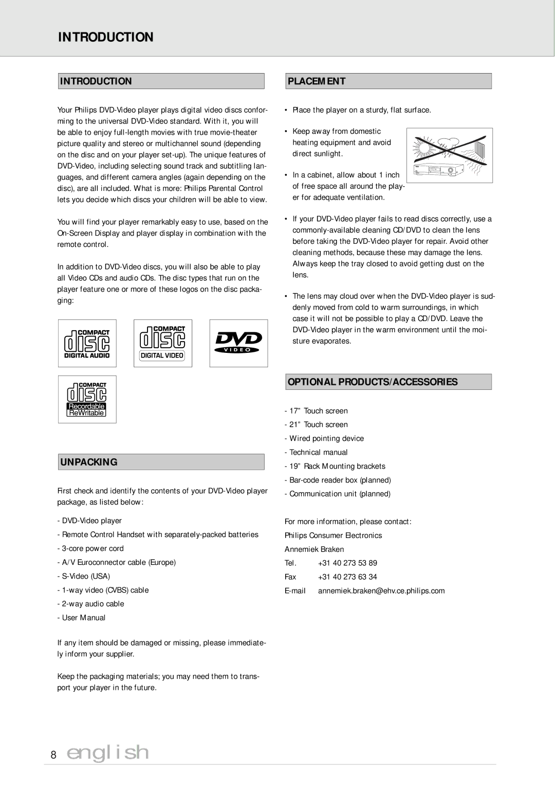 Philips DVD170AT manual Introduction Placement, Unpacking 