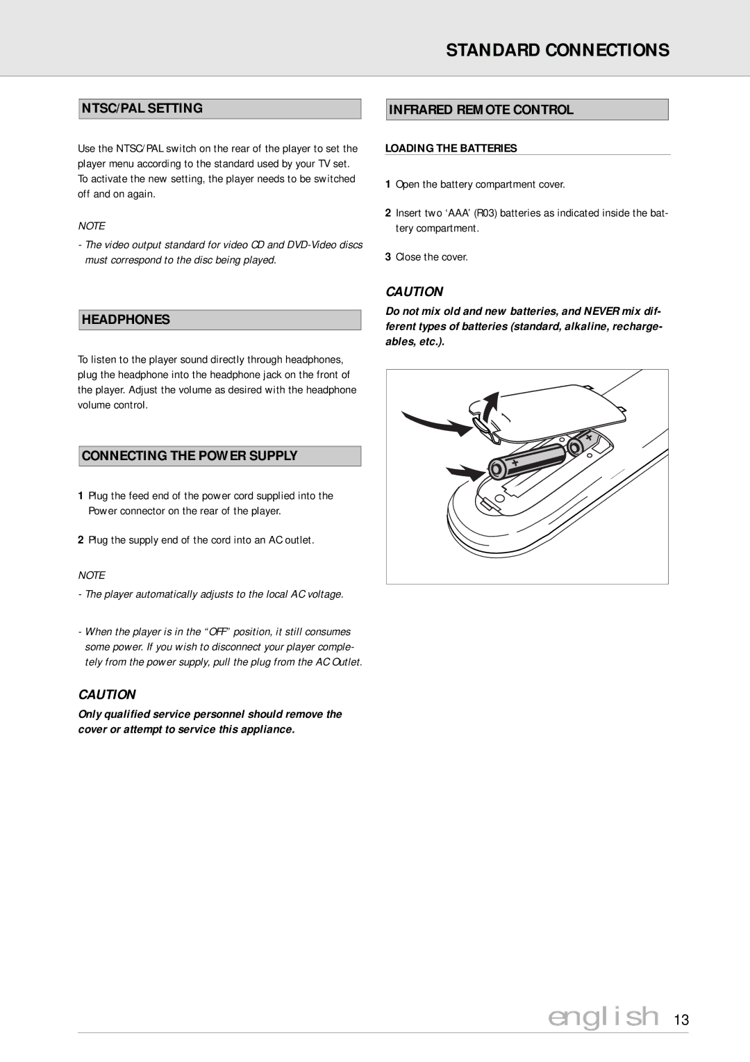 Philips DVD170AT NTSC/PAL Setting Infrared Remote Control, Headphones, Connecting the Power Supply, Loading the Batteries 