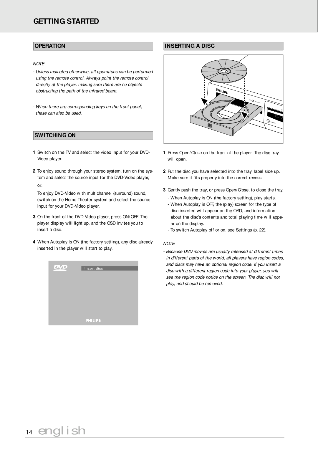 Philips DVD170AT manual Getting Started, Operation, Switching on, Inserting a Disc 