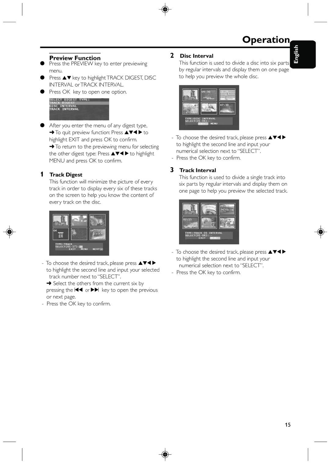 Philips DVD425 manual Preview Function, Track Digest, Disc Interval, Track Interval 