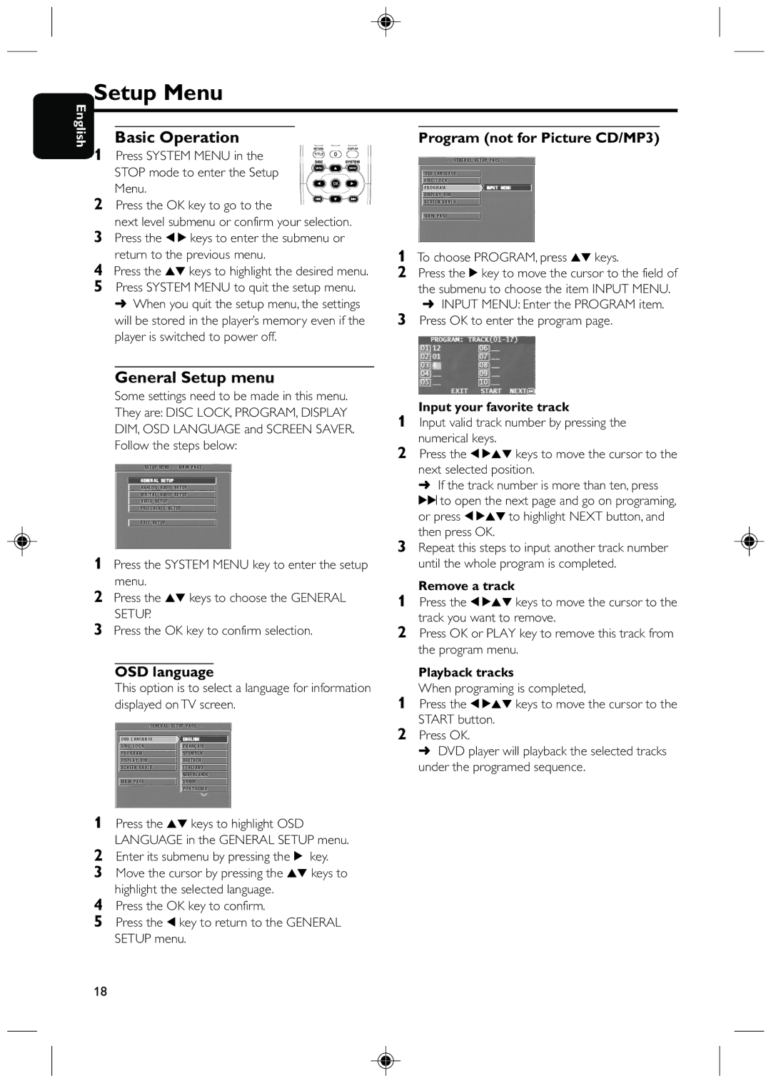 Philips DVD425 manual Setup Menu, General Setup menu, OSD language, Program not for Picture CD/MP3 