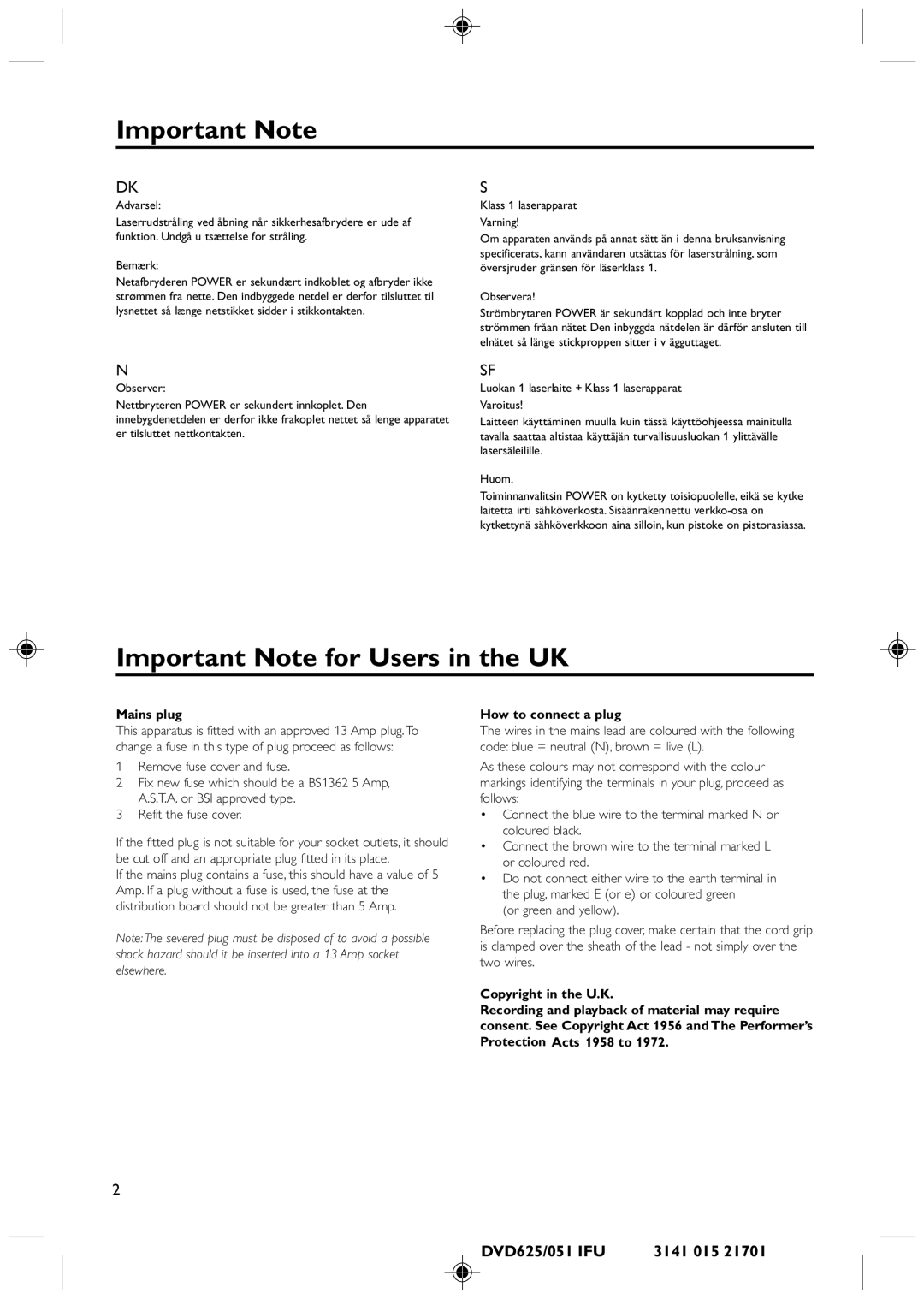 Philips DVD425 manual Important Note, DVD625/051 IFU 3141 015 