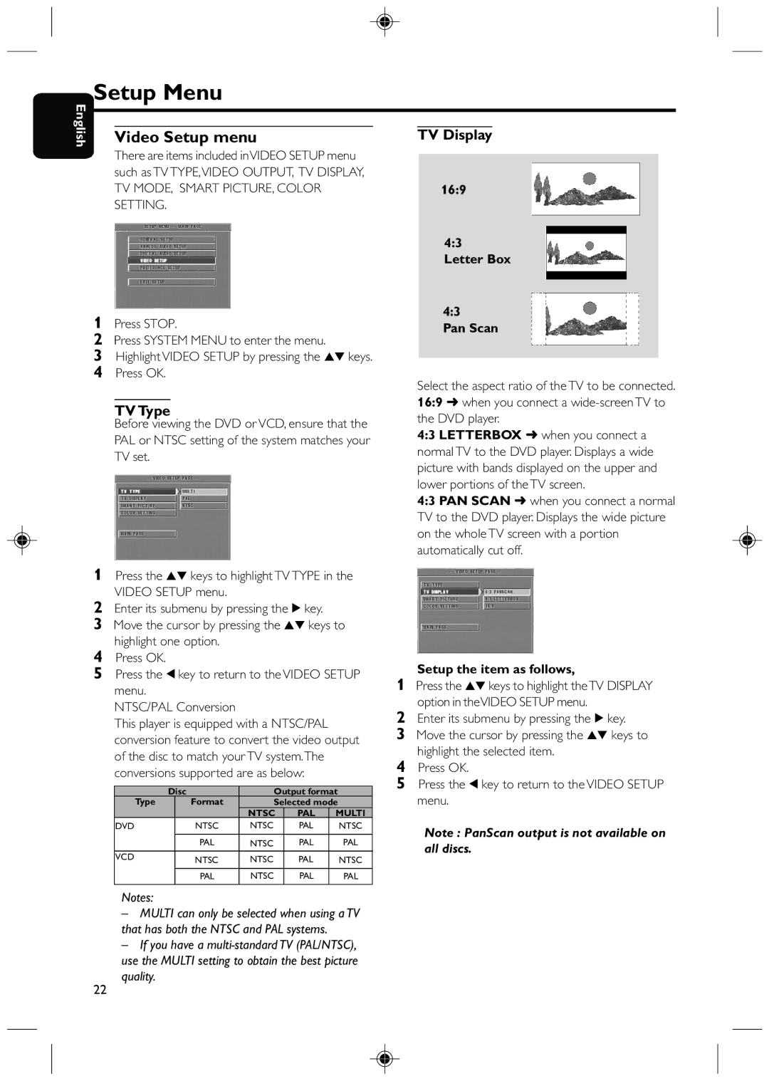 Philips DVD425 manual Video Setup menu, TV Type, TV Display, Letter Box Pan Scan, Setup the item as follows 