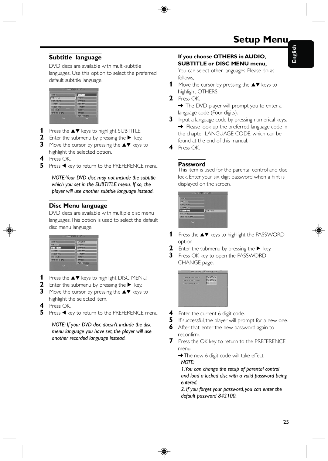 Philips DVD425 Subtitle language, Disc Menu language, Password, If you choose Others in Audio Subtitle or Disc Menu menu 