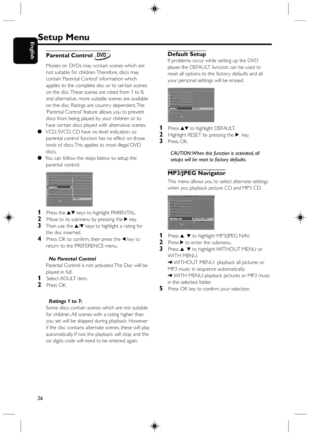 Philips DVD425 manual Default Setup, MP3/JPEG Navigator, With Menu 