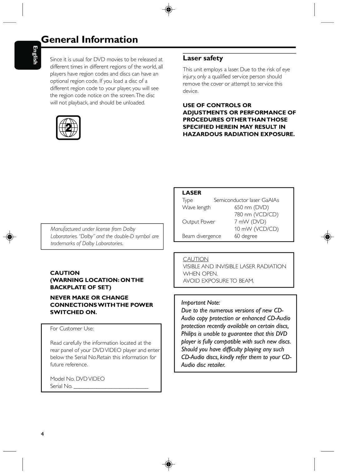 Philips DVD425 manual General Information, Laser safety, Never Make or Change Connections with the Power Switched on 