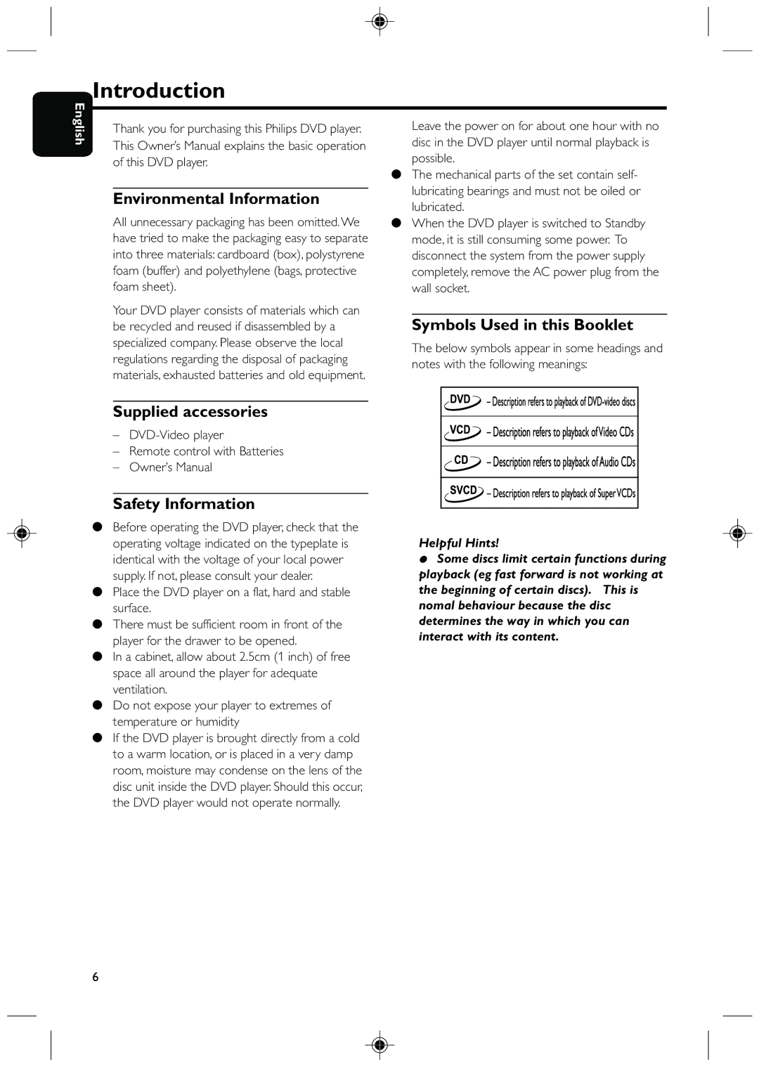 Philips DVD425 manual Introduction, Environmental Information, Symbols Used in this Booklet, Supplied accessories 