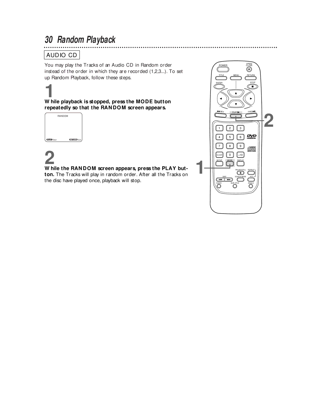 Philips DVD501AT warranty Random Playback, While the Random screen appears, press the Play but 