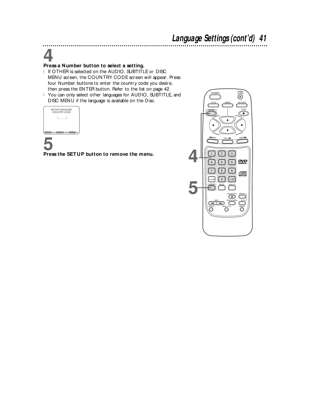 Philips DVD501AT warranty Language Settings cont’d, Press a Number button to select a setting 