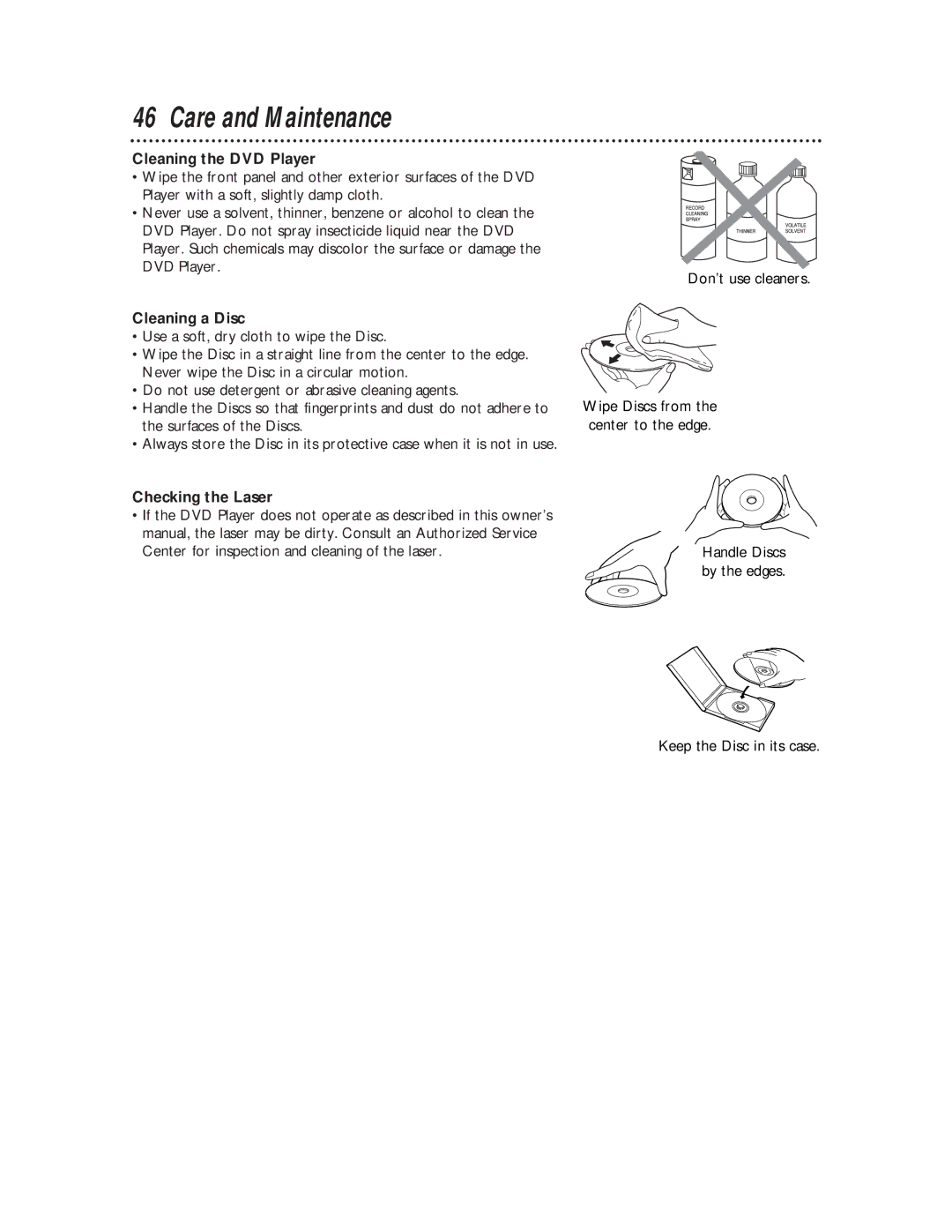 Philips DVD501AT warranty Care and Maintenance, Cleaning the DVD Player, Cleaning a Disc, Checking the Laser 