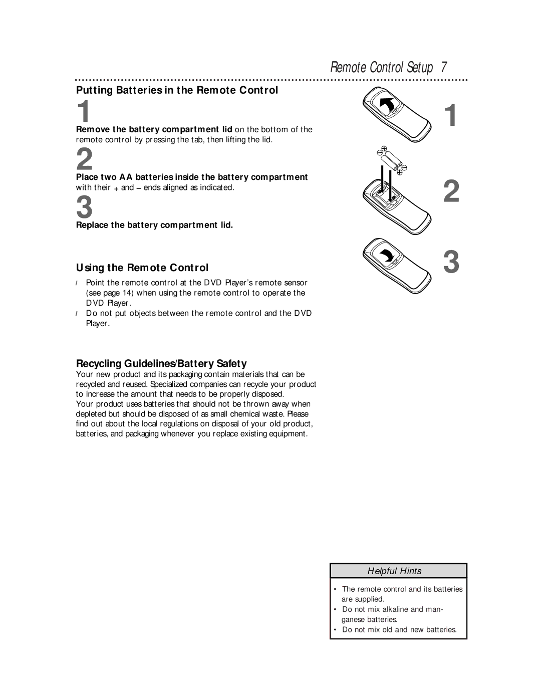 Philips DVD501AT warranty Remote Control Setup, Putting Batteries in the Remote Control, Using the Remote Control 