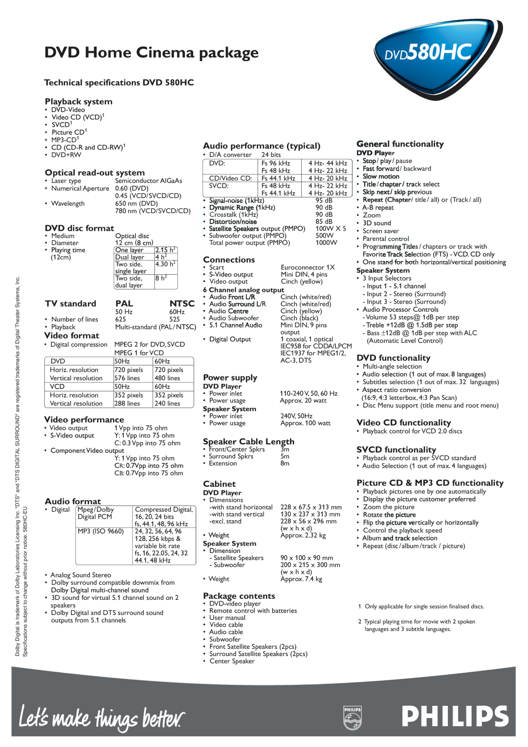 Philips DVD580HC Technical specifications DVD 580HC Playback system, Optical read-out system, DVD disc format, TV standard 