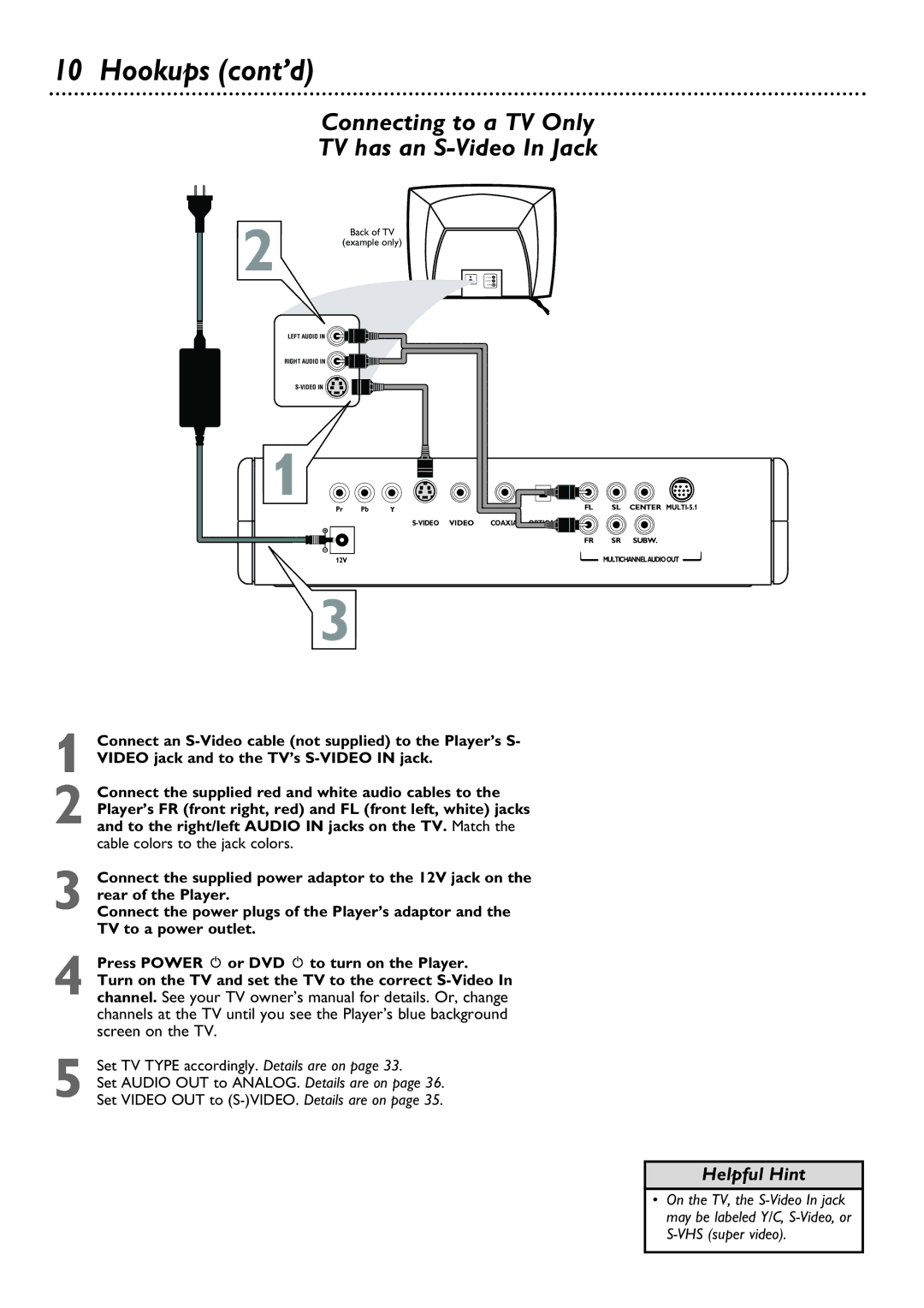 Philips DVD580M owner manual Connecting to a TV Only TV has an S-Video In Jack, Set TV Type accordingly. Details are on 