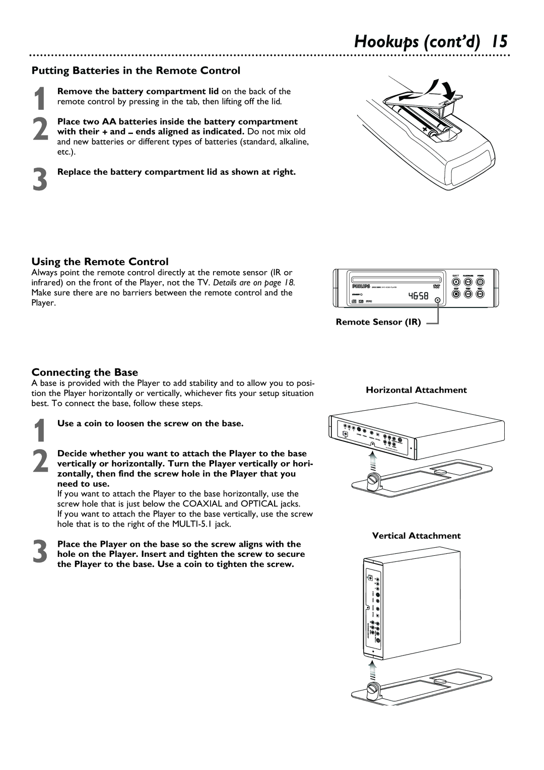 Philips DVD580M owner manual Putting Batteries in the Remote Control, Using the Remote Control, Connecting the Base 