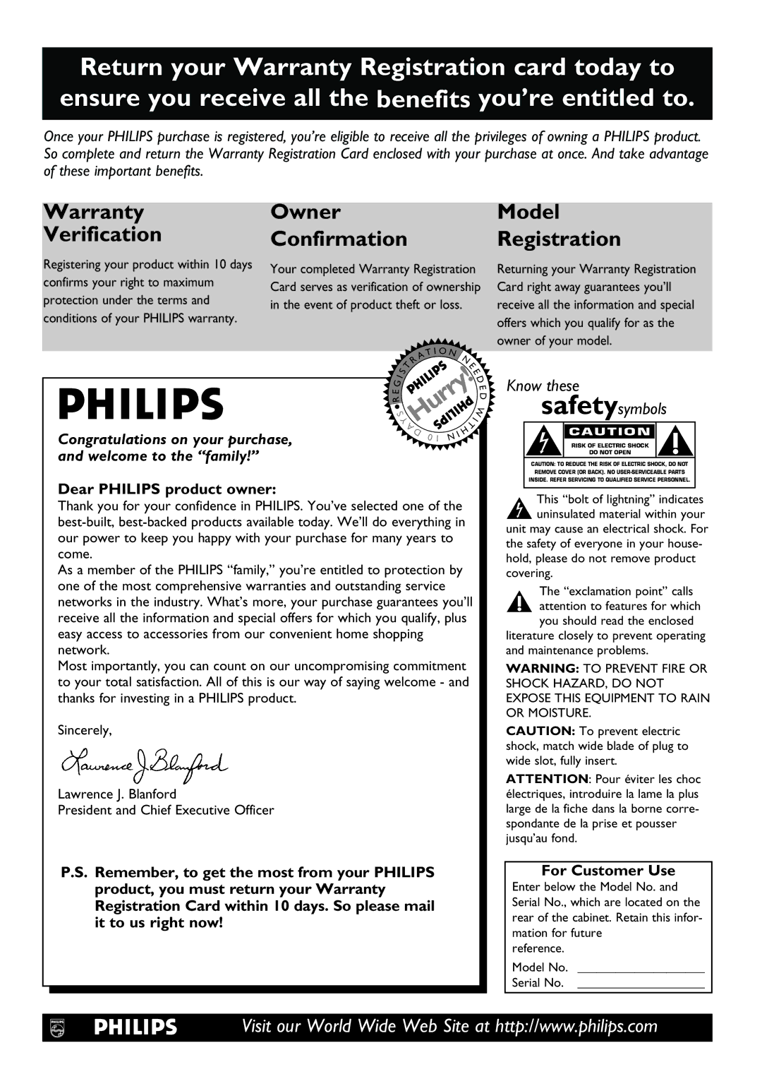 Philips DVD580M owner manual Dear Philips product owner, It to us right now, For Customer Use 