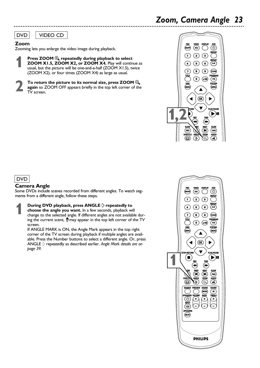 Philips DVD580M owner manual Zoom, Camera Angle, Zooming lets you enlarge the video image during playback 