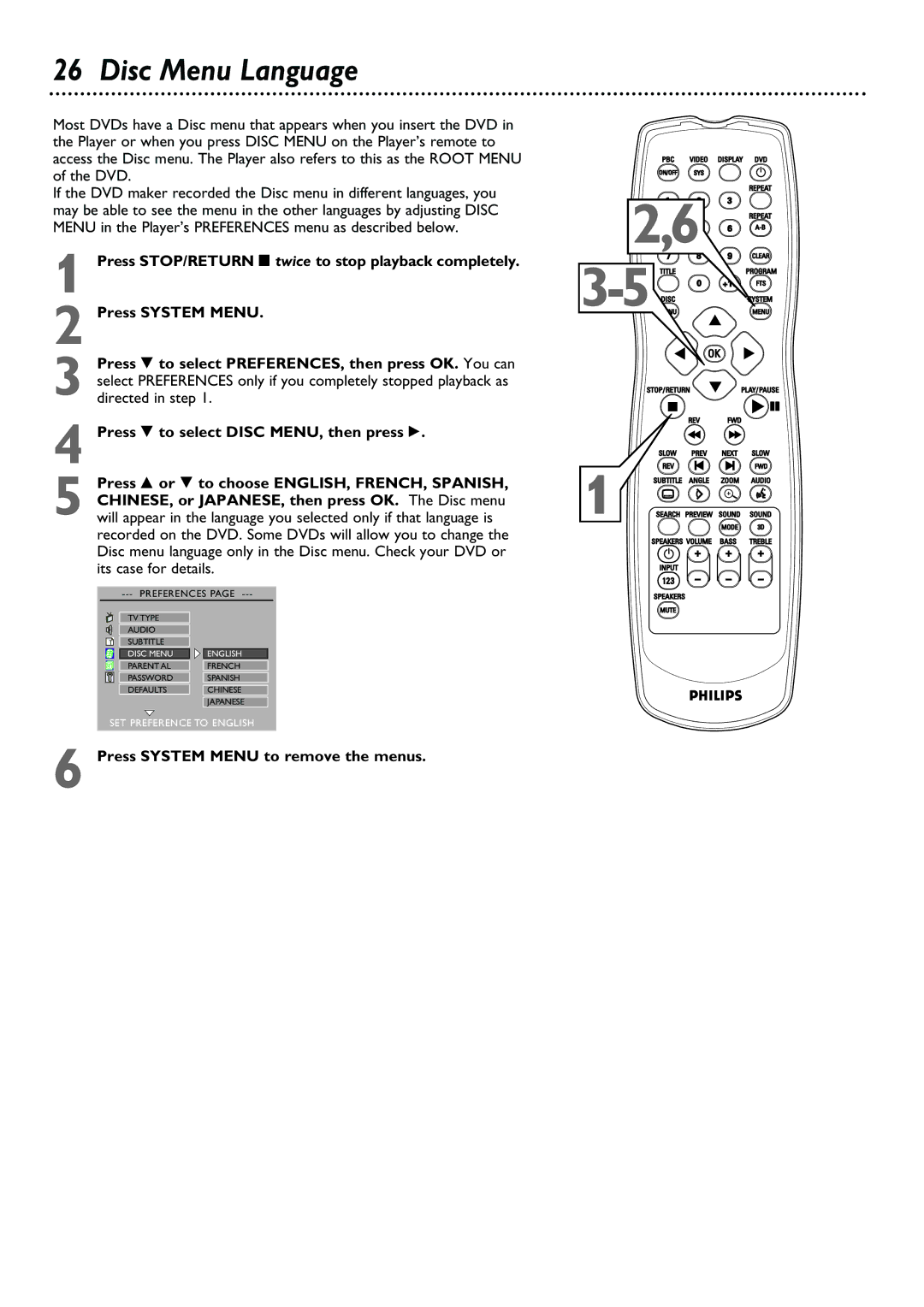 Philips DVD580M owner manual Disc Menu Language, Press System Menu to remove the menus 