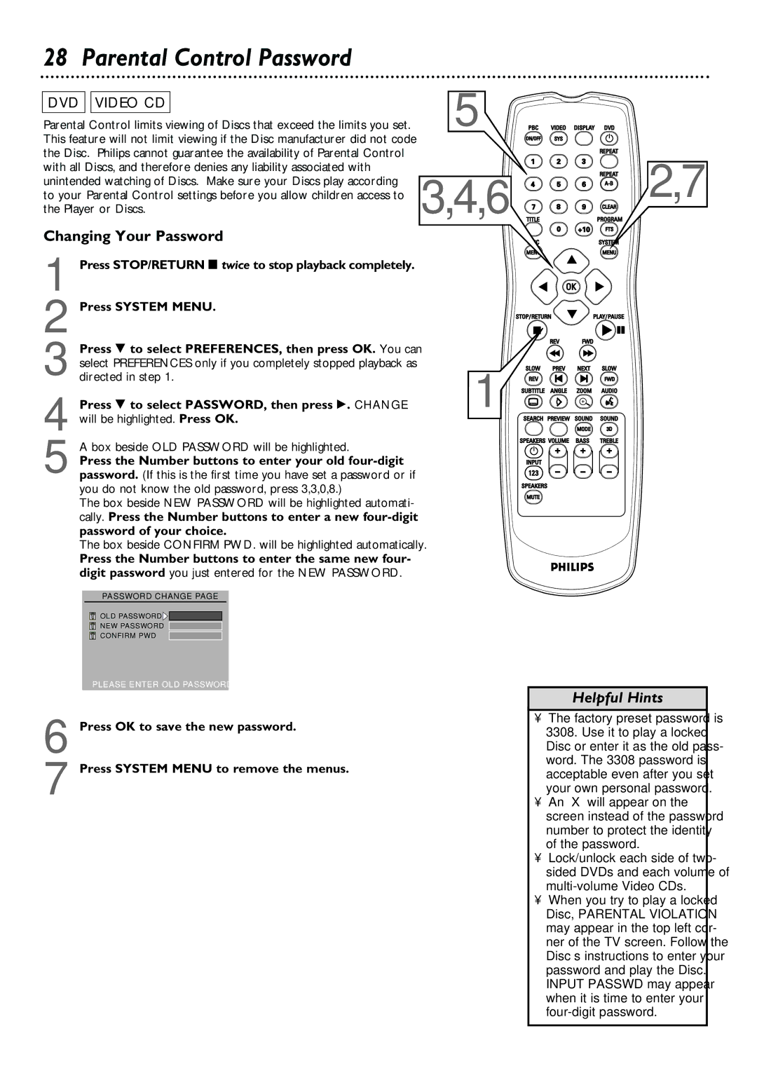 Philips DVD580M owner manual Parental Control Password, Changing Your Password, Box beside OLD Password will be highlighted 