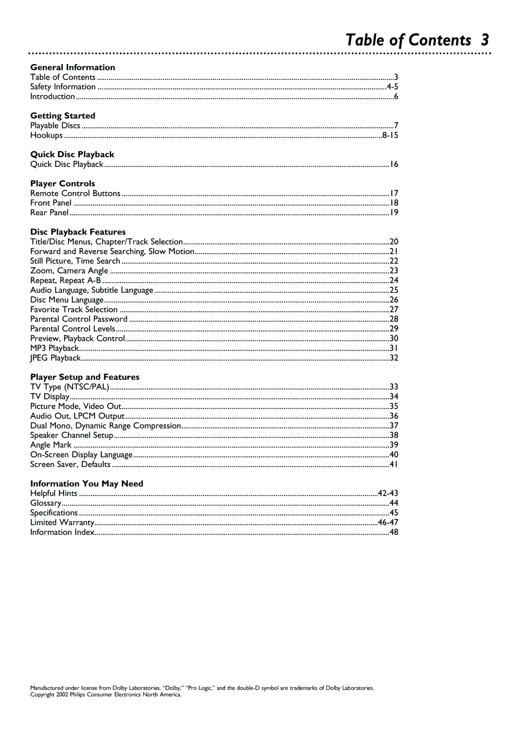 Philips DVD580M owner manual Table of Contents 