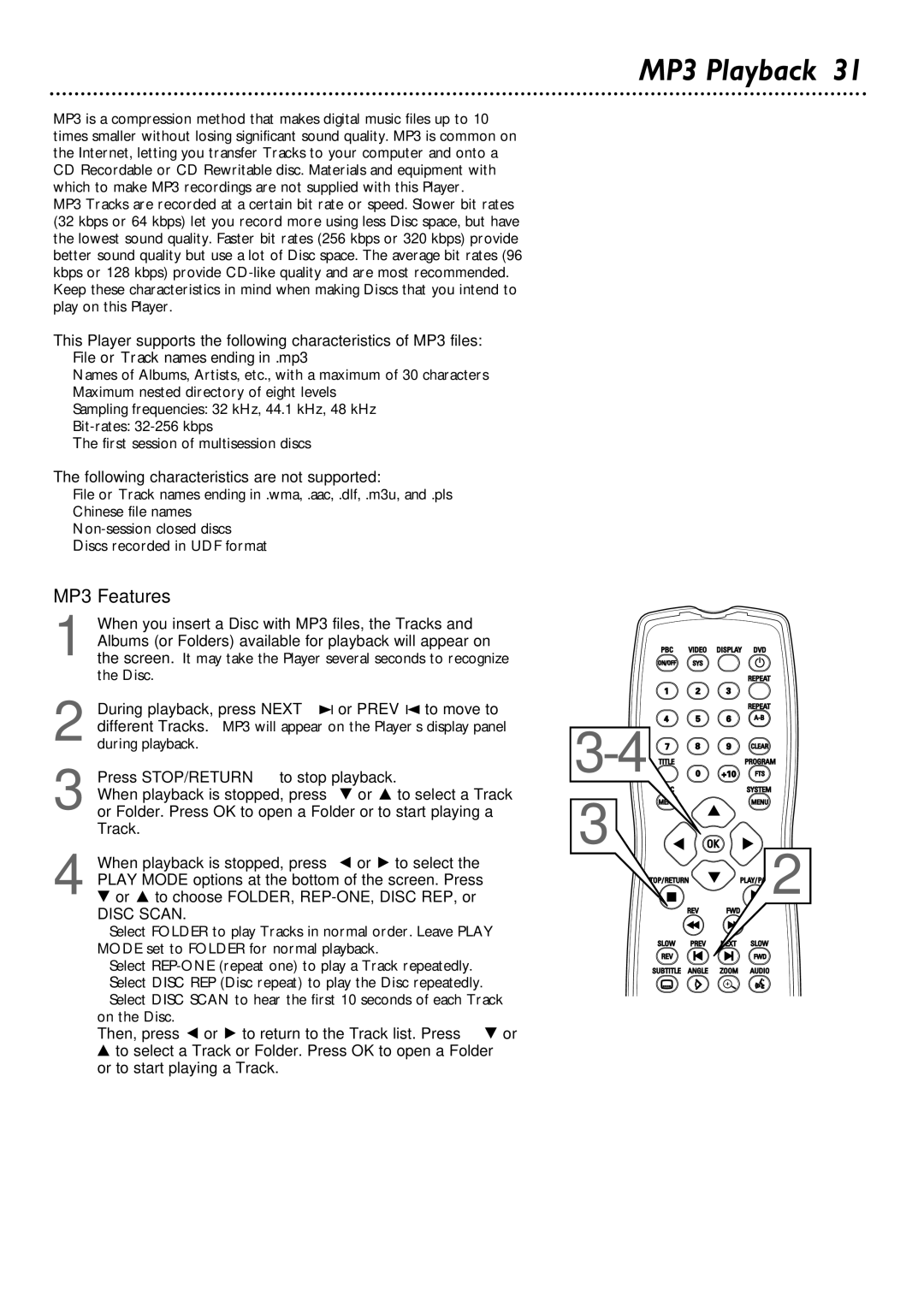 Philips DVD580M owner manual MP3 Playback, MP3 Features, Following characteristics are not supported 