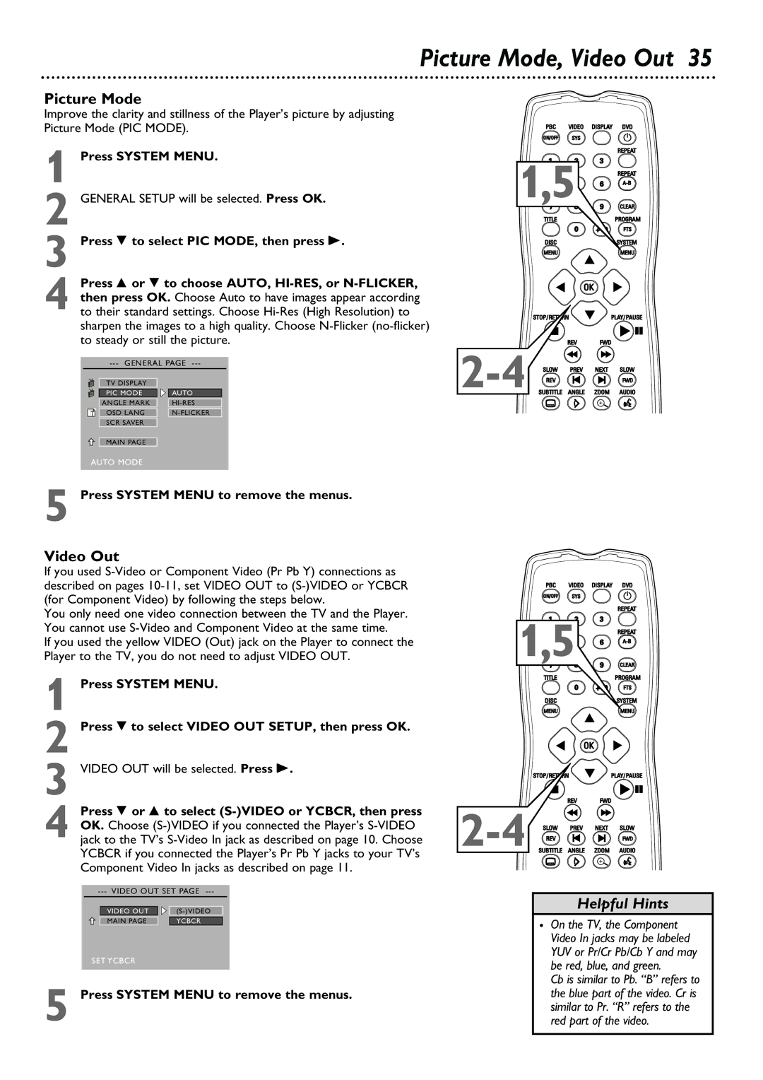 Philips DVD580M owner manual Picture Mode, Video Out, Press 9 or 8 to select S-VIDEO or YCBCR, then press 