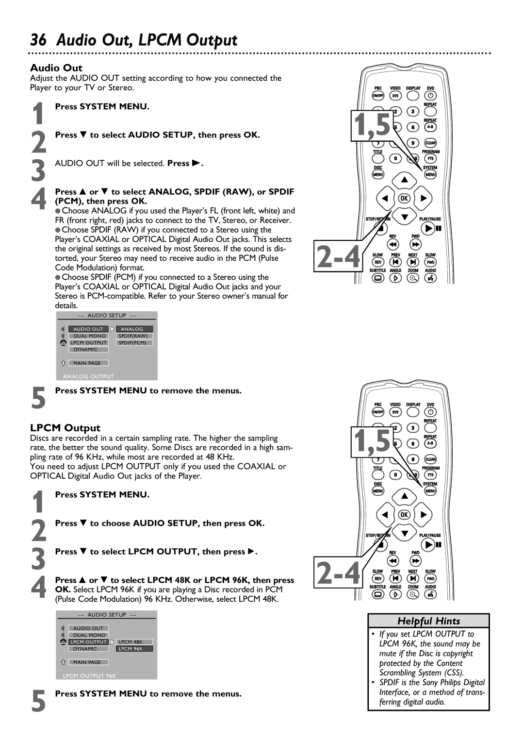 Philips DVD580M owner manual Audio Out, Lpcm Output, Audio OUT will be selected. Press 