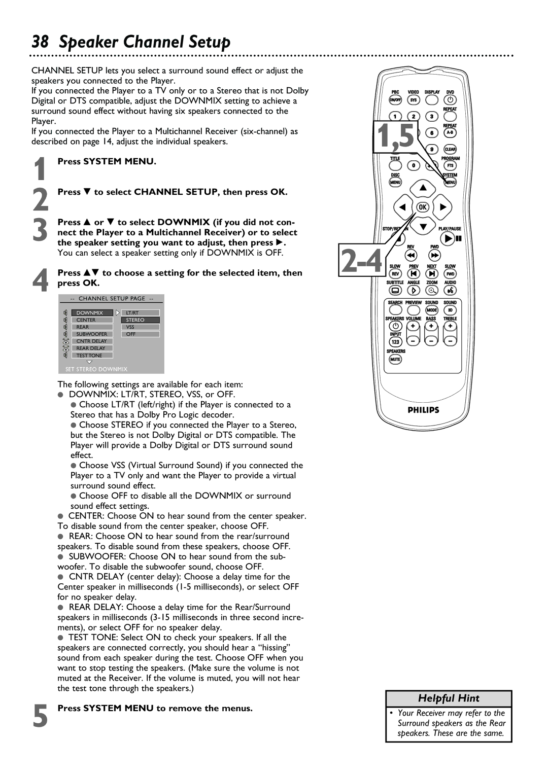 Philips DVD580M owner manual Speaker Channel Setup, You can select a speaker setting only if Downmix is OFF 