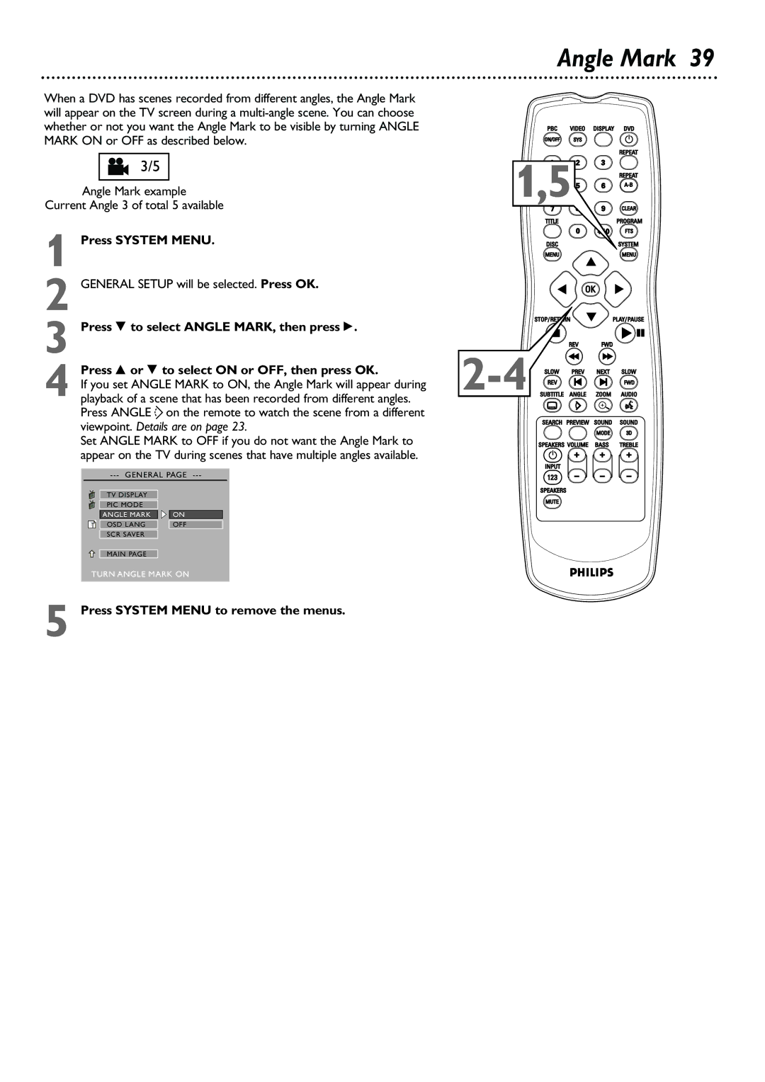 Philips DVD580M owner manual Angle Mark, Press System Menu 