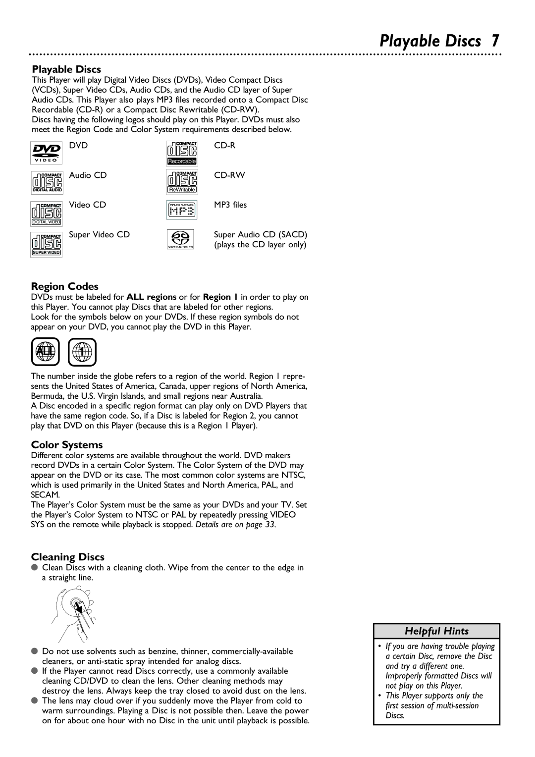 Philips DVD580M owner manual Playable Discs, Region Codes, Color Systems, Cleaning Discs 