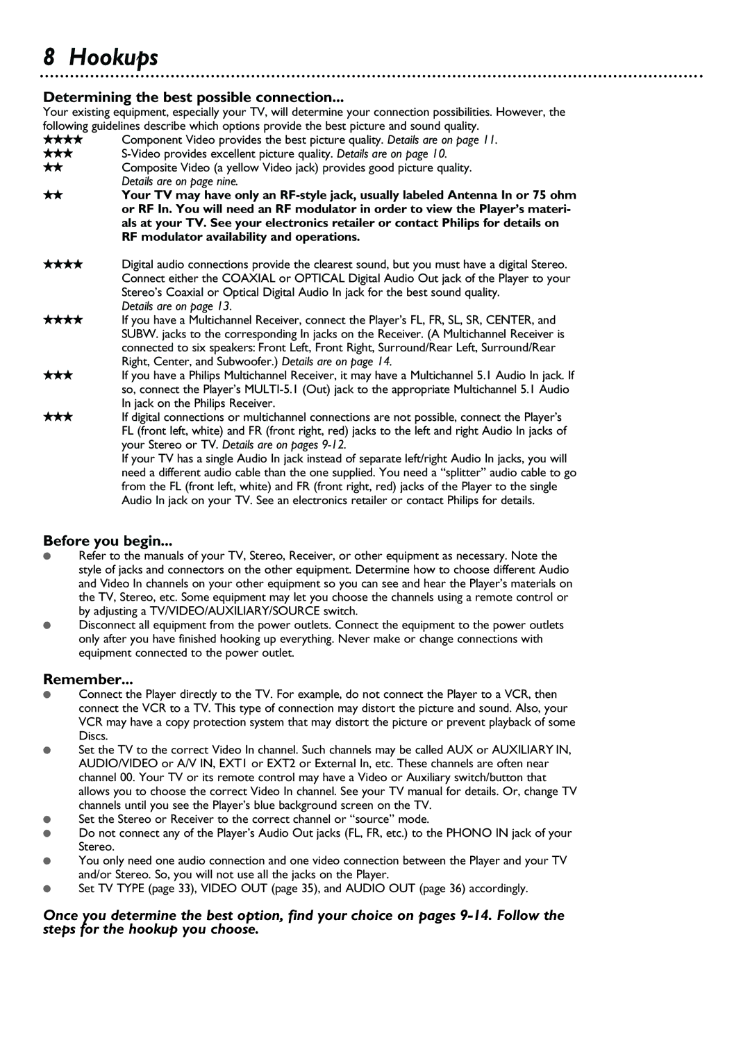 Philips DVD580M owner manual Hookups, Determining the best possible connection, Before you begin, Remember 